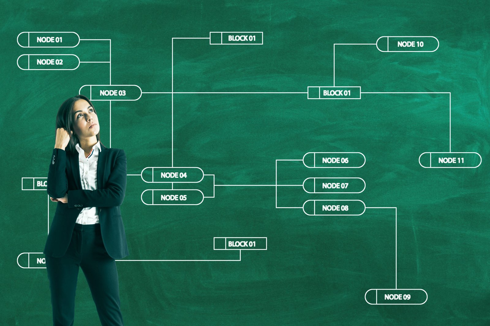 Femme d'affaires européenne avec un arrière-plan abstrait, symbolisant la structure d'entreprise.